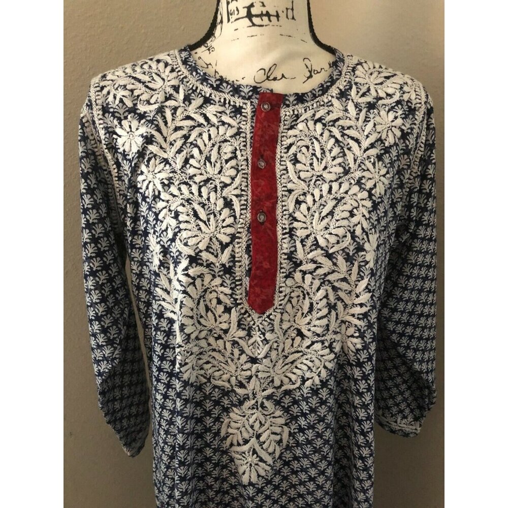 BHOOM SHANTI NAVY BLUE & WHITE EMBROIDERED KAFTAN TUNIC DRESS - SIZE LARGE  (md)